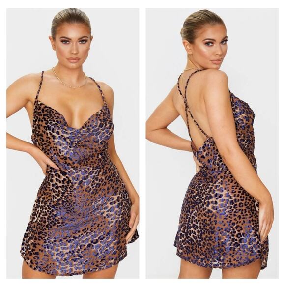 Prettylittlething Brown Leopard Strappy Flocked Detail Shift Dress - Picture 1 of 7